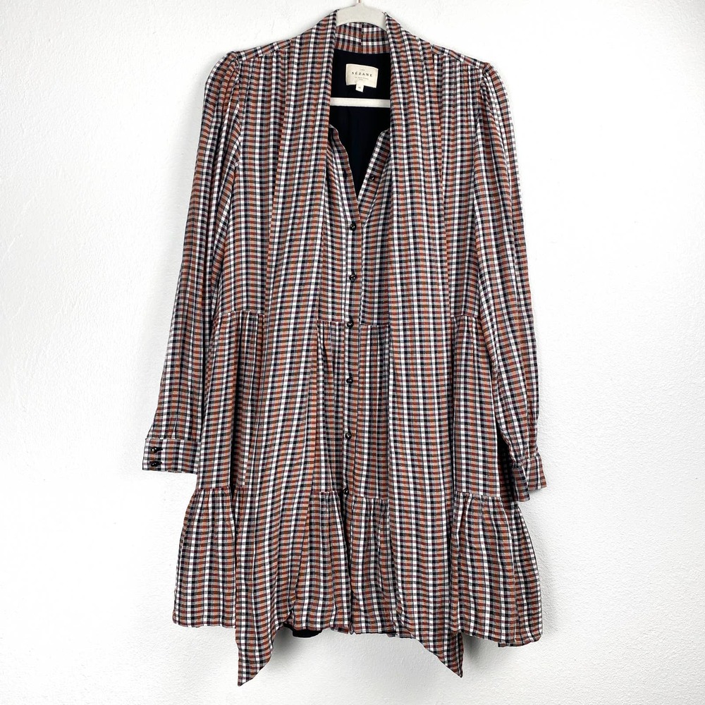 Sezane Selena Dress Lurex Tiles Print Check Tiered Mini Tie Neck Long Sleeve 42 - Picture 2 of 13